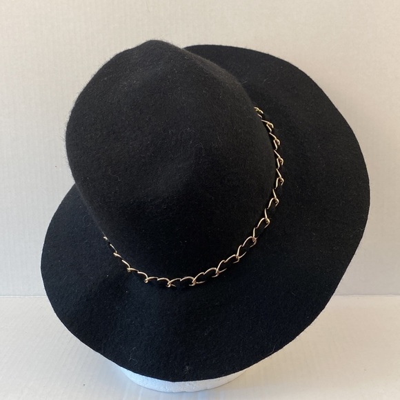 WOOL Felt Panama Fedora Chain Band Hat wide Rim black - Picture 3 of 7